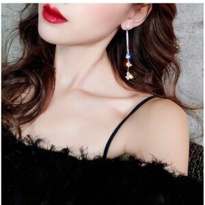 Gold rhinestone earrings long clear butterfly fringe chain crystal earring
